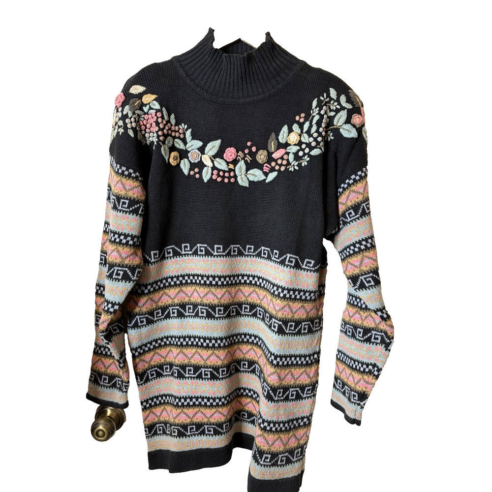 VTG KISS Hand Embroidered Flower Pullover Sweater Black Mock Turtleneck SZ M*